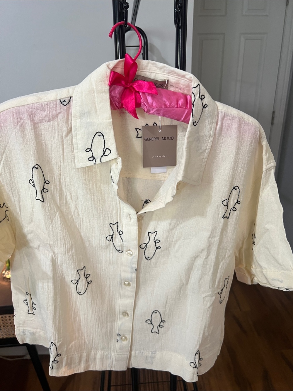 Cream Button-Up Box Cut Shirt with Black Fish Embroidery